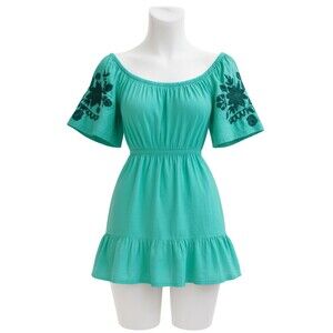 Knox Rose Boho Embroidered Dress‎ Women XS Green Off Shoulder Cotton Viscose